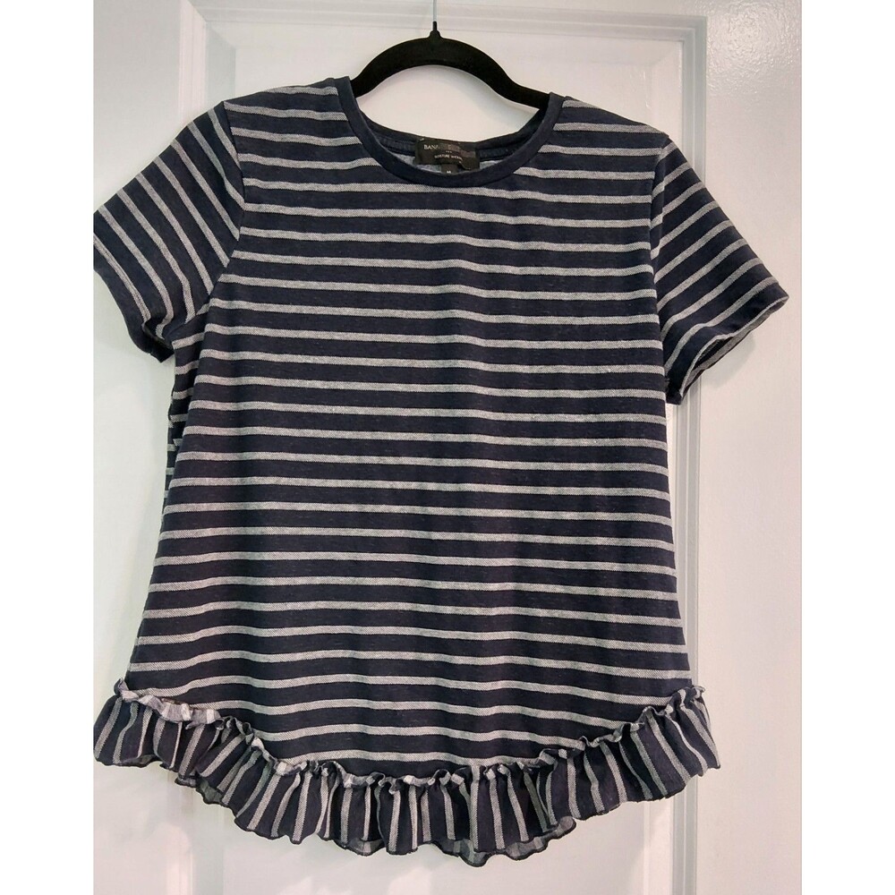 Banana Republic women Navy Stripe Ruffle Top Size Medium Moisture Wicking Cotton - Picture 3 of 15